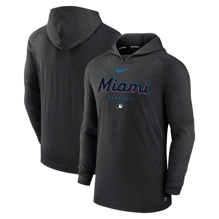 Men's Miami Marlins Nike Heather Black Authentic Collection Early Work Tri-Blend Performance Pullover Hoodie - Puhuasuan