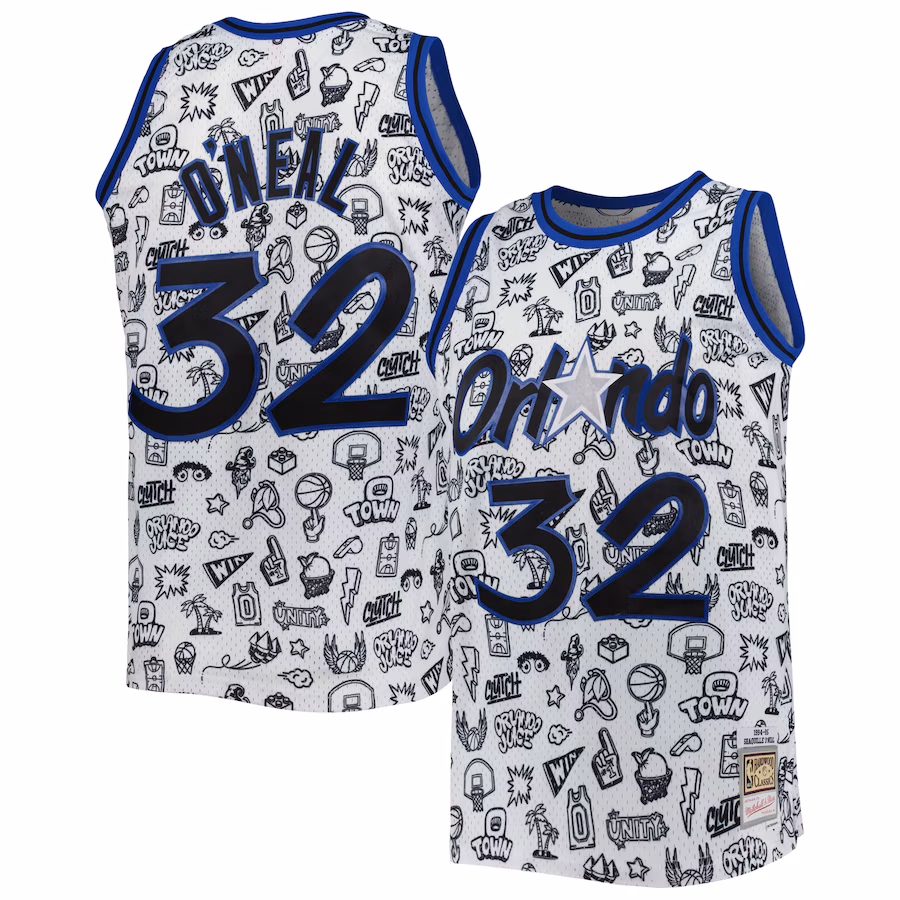 Men's Orlando Magic Shaquille O'Neal Mitchell & Ness White 1994/95 Hardwood Classics Doodle Swingman Jersey - Puhuasuan