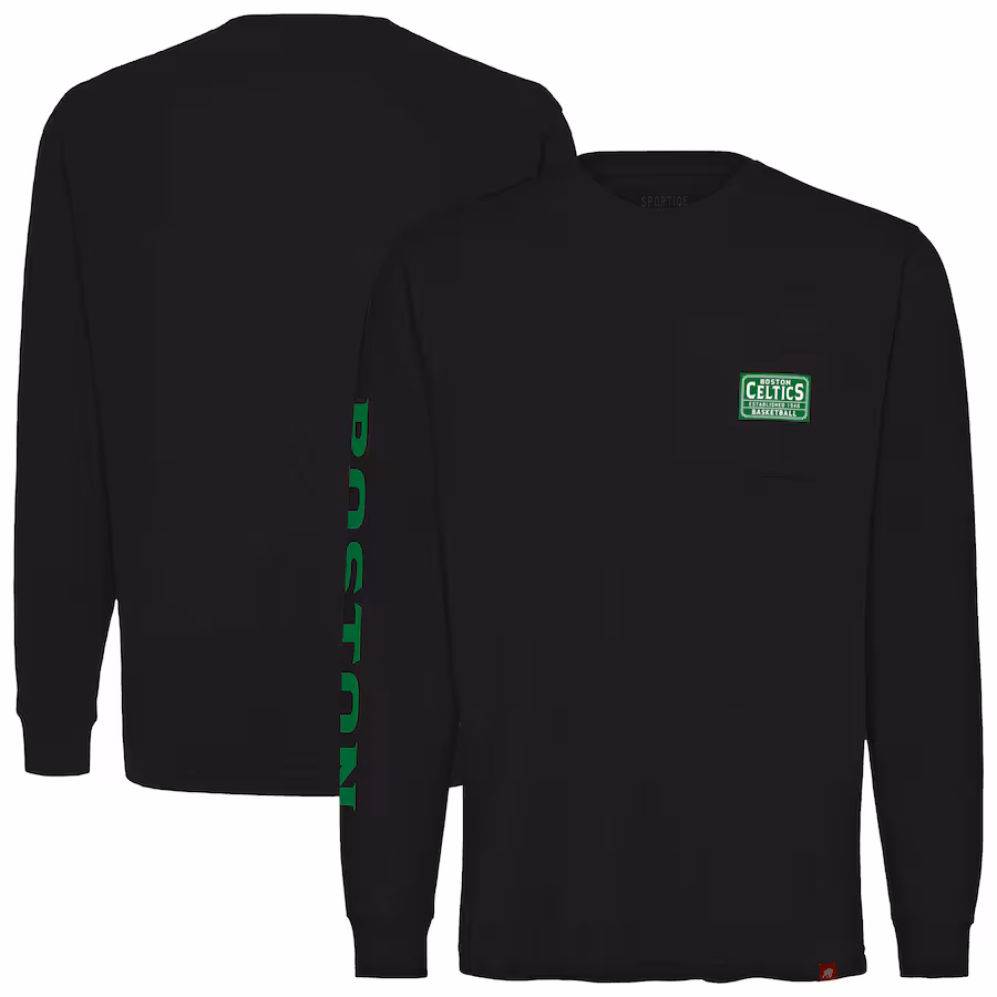 Unisex Boston Celtics Sportiqe Black Wales Heavyweight Pocket Long Sleeve T-Shirt - Puhuasuan