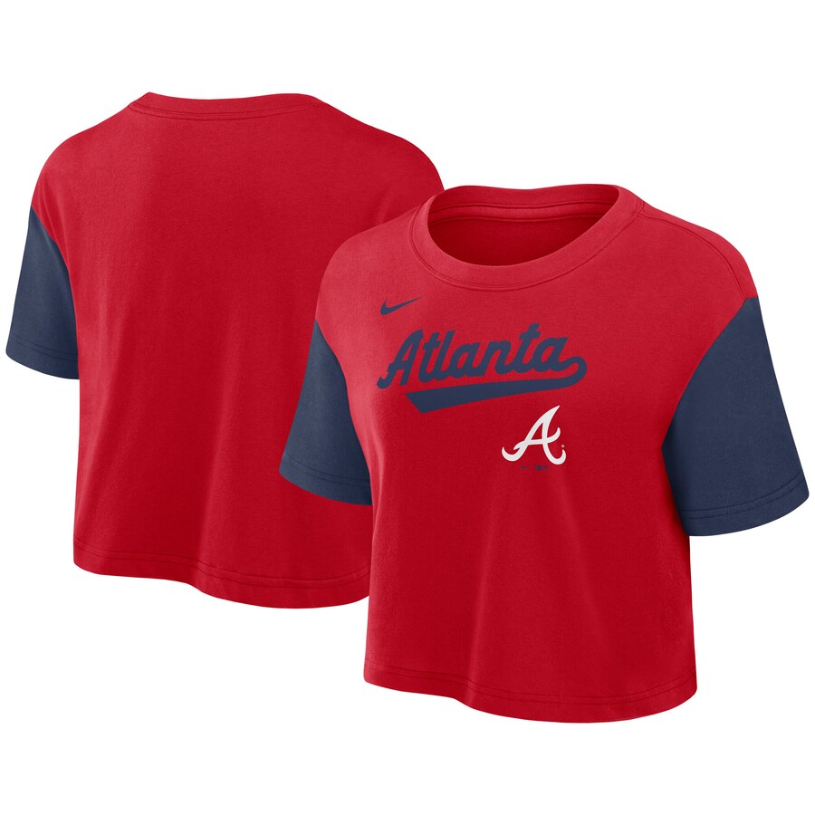 Women's Atlanta Braves Nike Red/Navy Script Cropped Performance T-Shirt - Puhuasuan