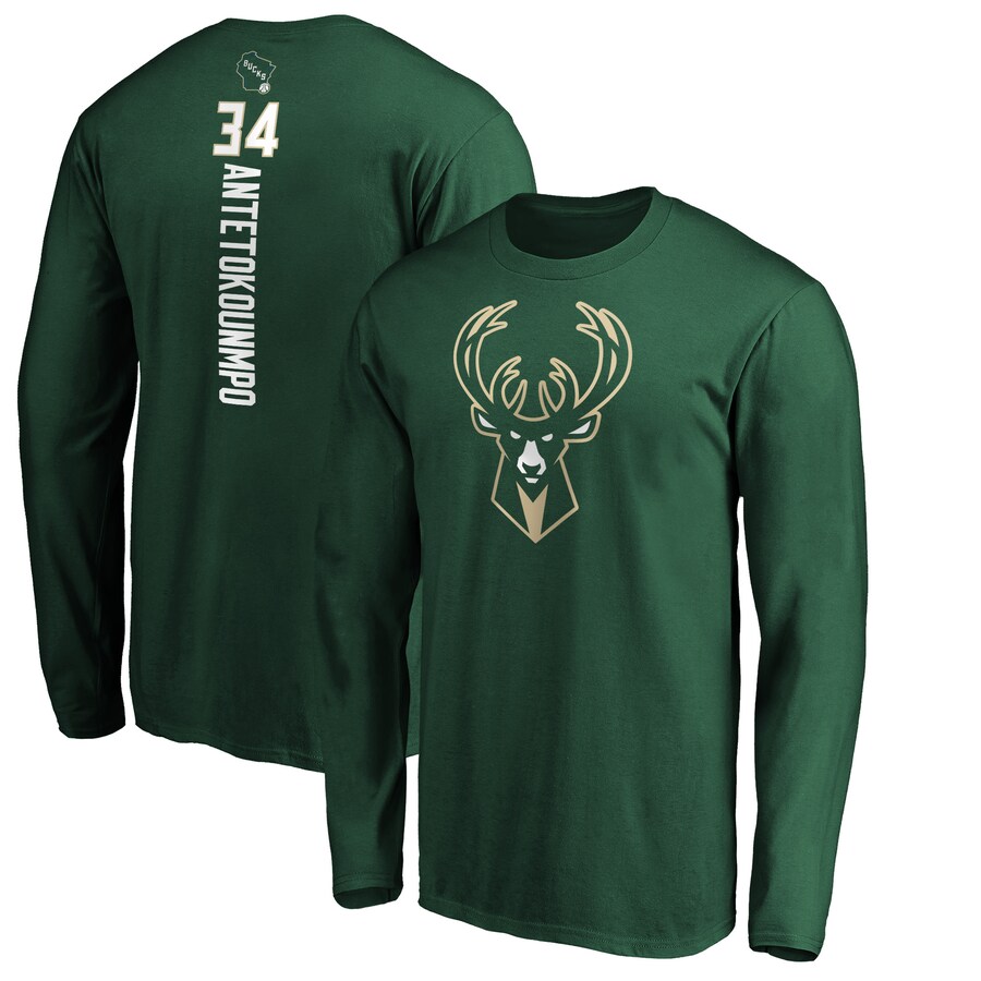 Men's Milwaukee Bucks Giannis Antetokounmpo Hunter Green Playmaker Name & Number Long Sleeve T-Shirt - Puhuasuan