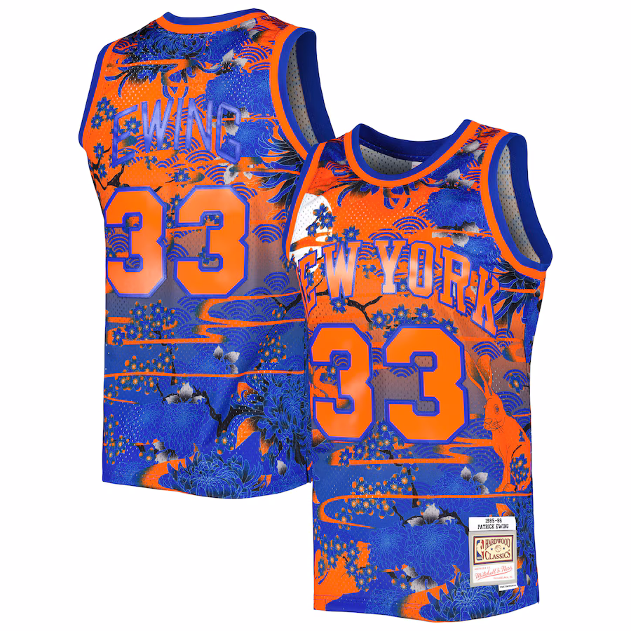 Men's New York Knicks Patrick Ewing Mitchell & Ness Blue 1985/86 Hardwood Classics Lunar New Year Swingman Jersey - Puhuasuan