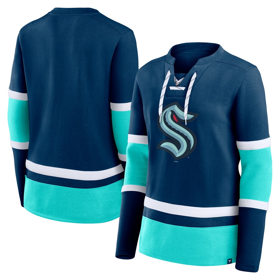 Women's Seattle Kraken Fanatics Deep Sea Blue Prime Time Lace-Up Long Sleeve T-Shirt - Puhuasuan