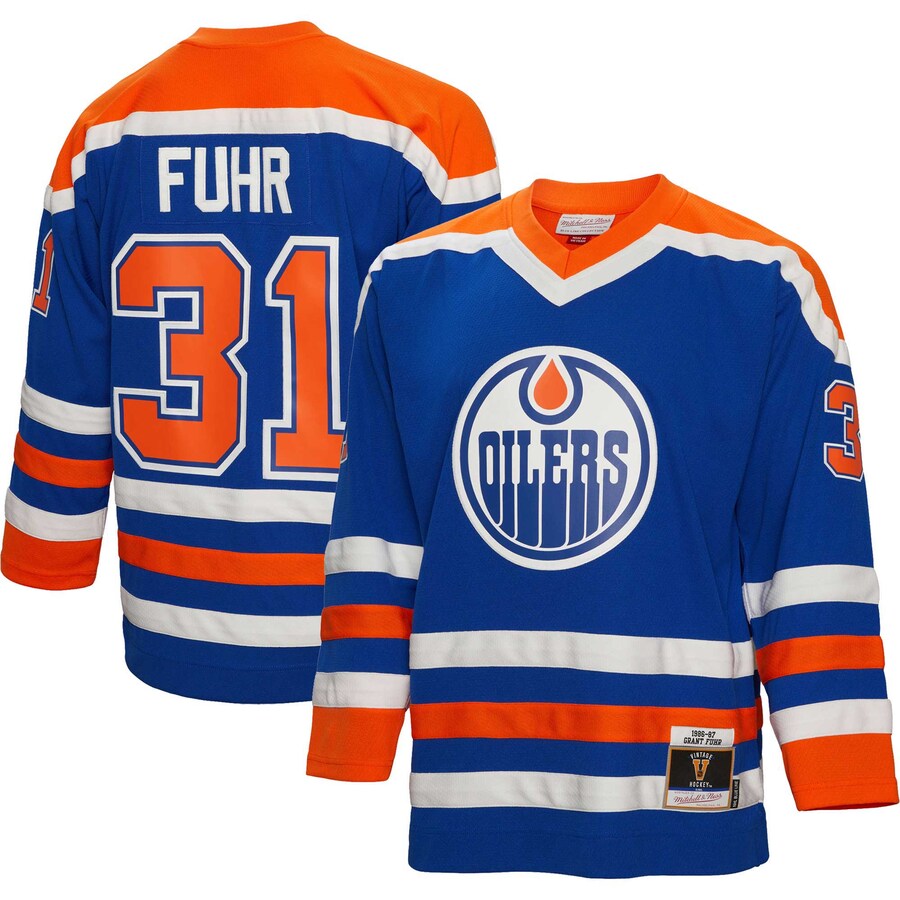 Men's Edmonton Oilers Grant Fuhr Mitchell & Ness Royal 1986/87  Blue Line Player Jersey - Puhuasuan