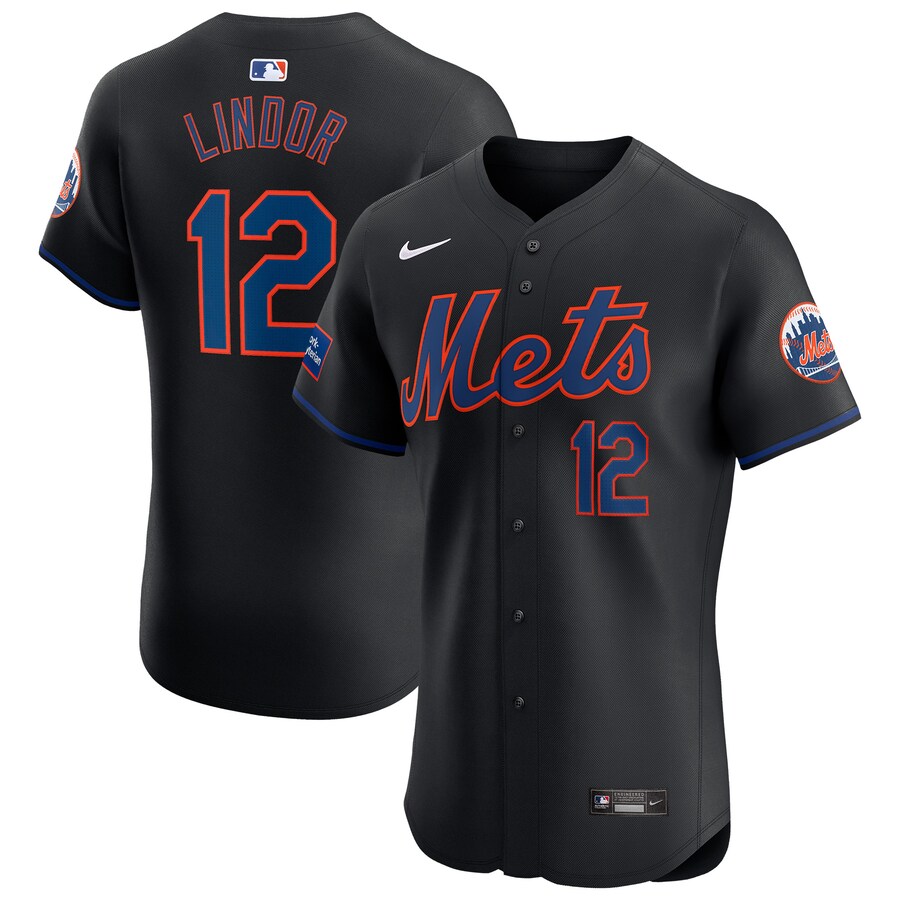Men's New York Mets Francisco Lindor Nike Black Alternate Elite Sponsor Patch Player Jersey - Puhuasuan