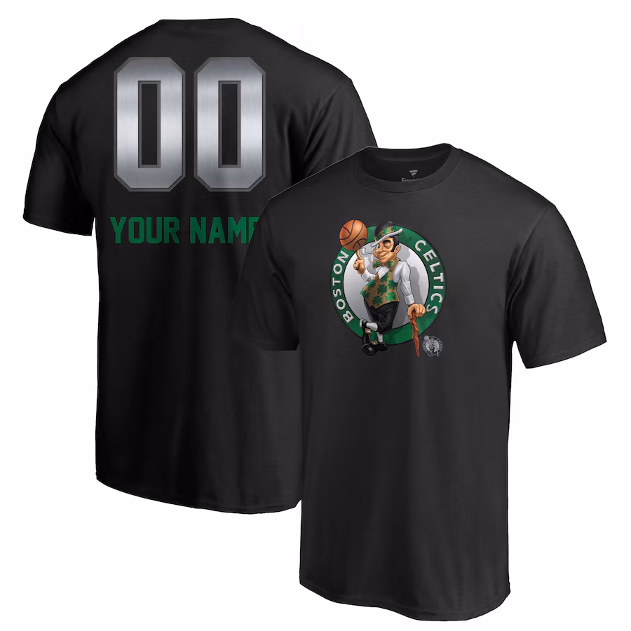 Men's Boston Celtics Black Midnight Mascot Personalized Name & Number T-Shirt - Puhuasuan