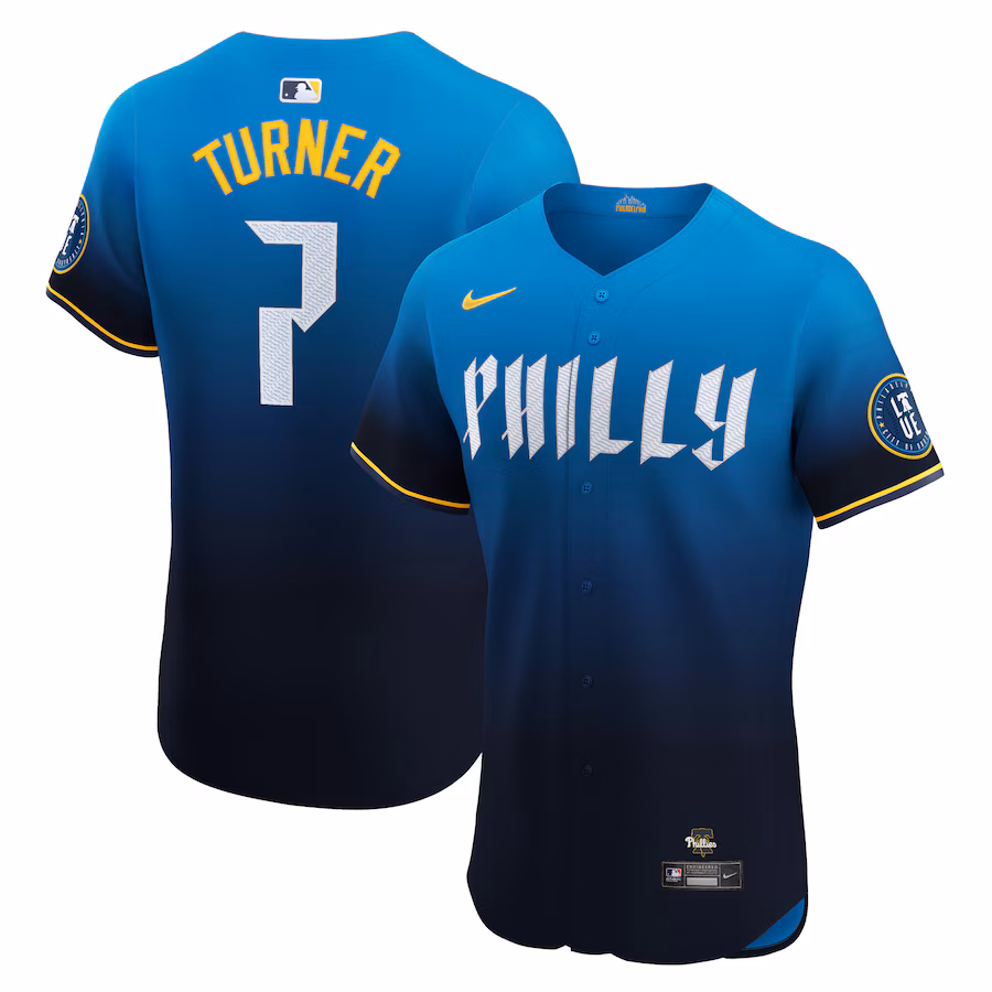 Men's Philadelphia Phillies Trea Turner Nike Blue 2024 City Connect Elite Player Jersey - Puhuasuan