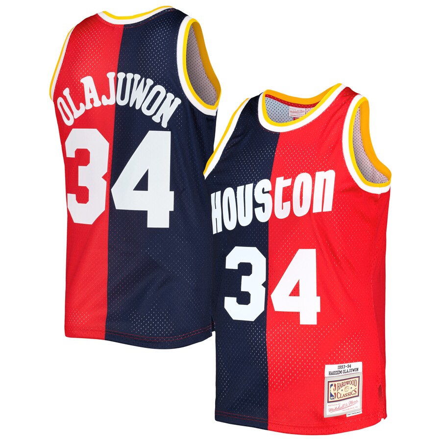 Men's Houston Rockets Hakeem Olajuwon Mitchell & Ness Navy/Red Hardwood Classics 1993/94 Split Swingman Jersey - Puhuasuan