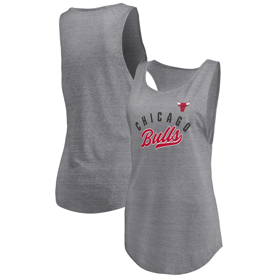 Women's Chicago Bulls Fanatics Heathered Gray Quality Time Open Scoop Neck Tri-Blend Tank Top - Puhuasuan