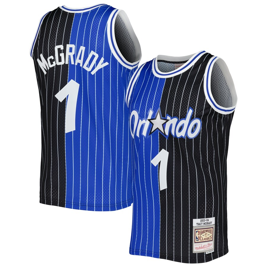 Men's Orlando Magic Tracy McGrady Mitchell & Ness Blue/Black Hardwood Classics 2003/04 Split Swingman Jersey - Puhuasuan