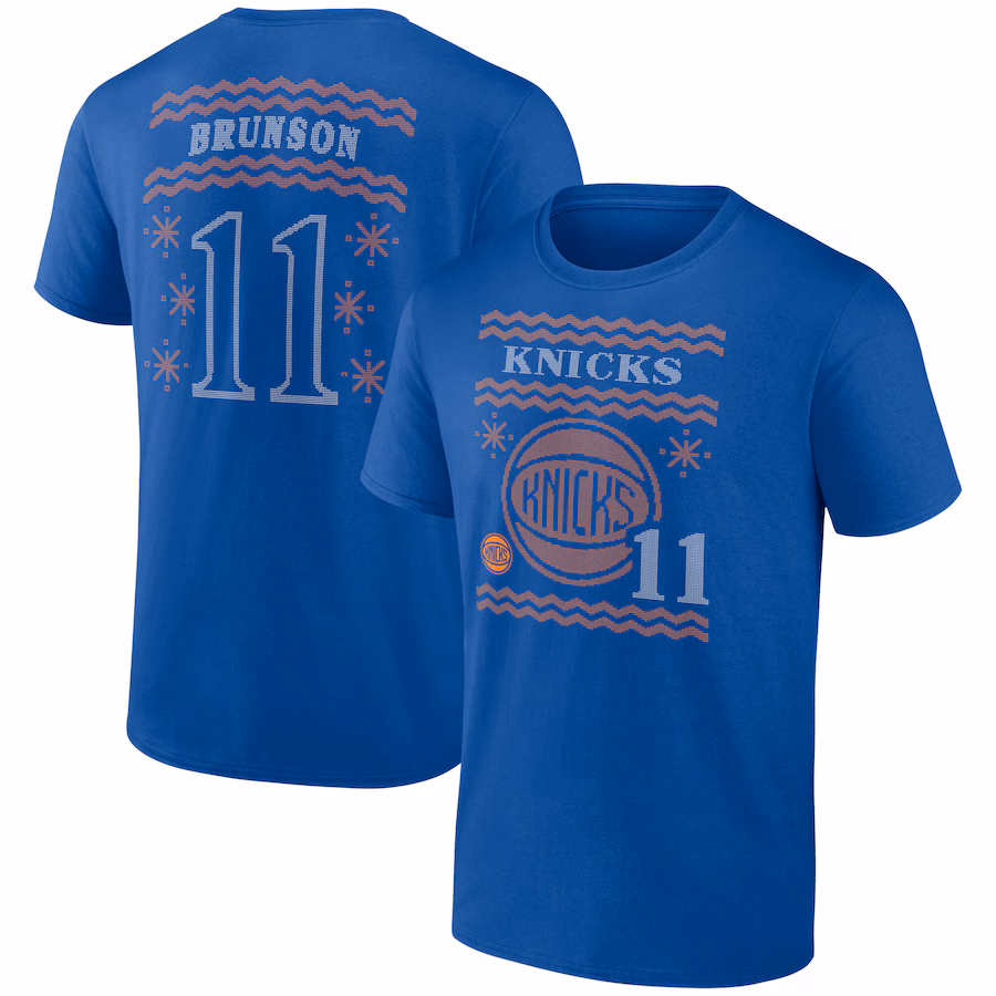 Men's New York Knicks Jalen Brunson Blue Ugly Sweater Name & Number T-Shirt - Puhuasuan