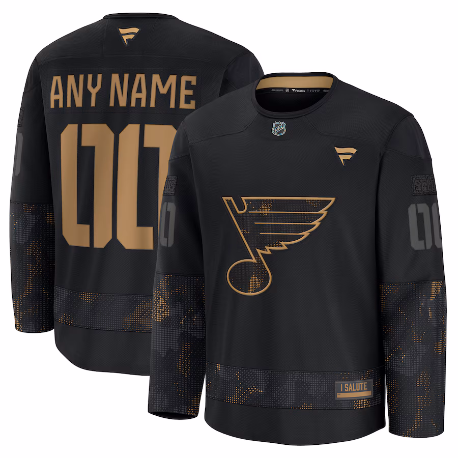 Men's St. Louis Blues Fanatics Black 2024 Military Appreciation Personalized Long Sleeve Practice Jersey - Puhuasuan