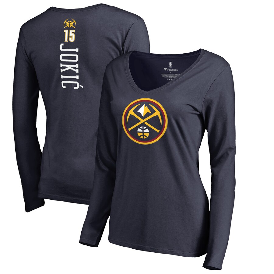 Women's Denver Nuggets Nikola Jokic Navy Team Backer Name & Number Long Sleeve V-Neck T-Shirt - Puhuasuan