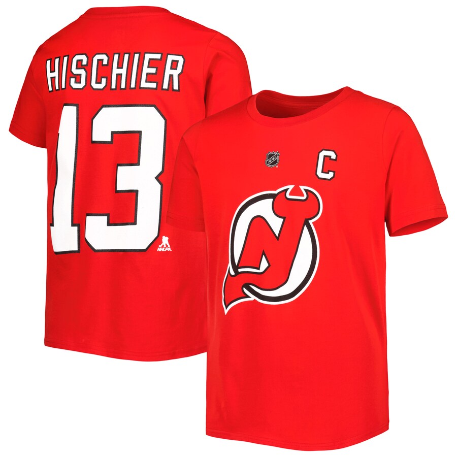 Youth New Jersey Devils Nico Hischier Red Player Name & Number T-Shirt - Puhuasuan