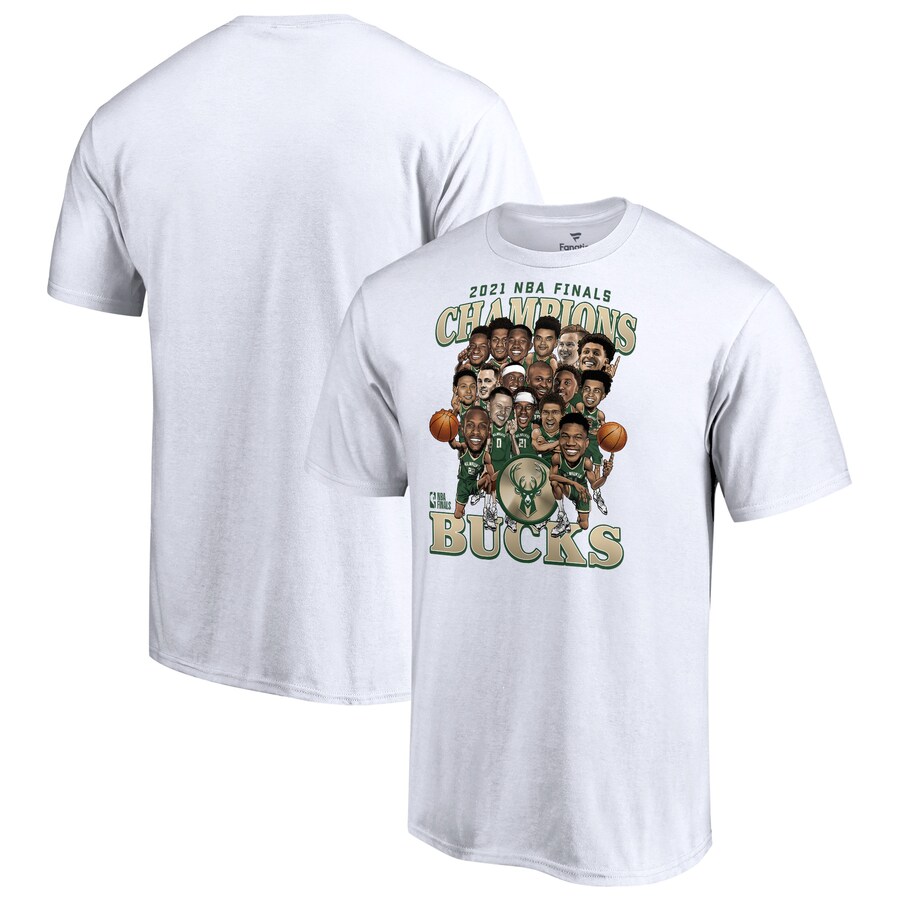 Men's Milwaukee Bucks Fanatics White 2021 NBA Finals Champions Team Caricature Roster T-Shirt - Puhuasuan