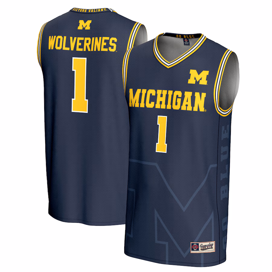Youth GameDay Greats #1 Navy Michigan Wolverines Icon Print Lightweight Basketball Fashion Jersey - Puhuasuan