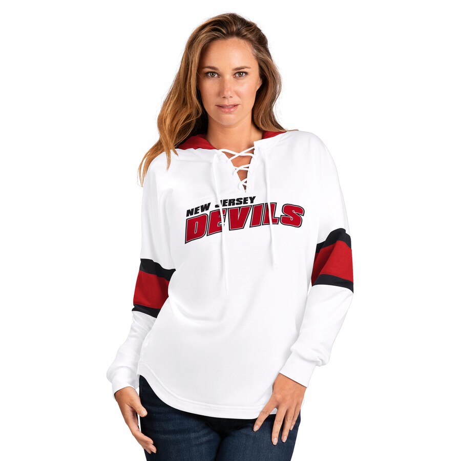 Women's New Jersey Devils G-III 4Her by Carl Banks White/Red Goal Zone Long Sleeve Lace-Up Hoodie T-Shirt - Puhuasuan