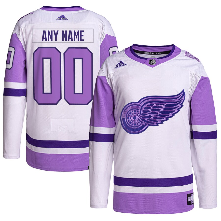Men's Detroit Red Wings adidas White/Purple Hockey Fights Cancer Primegreen Authentic Custom Jersey - Puhuasuan