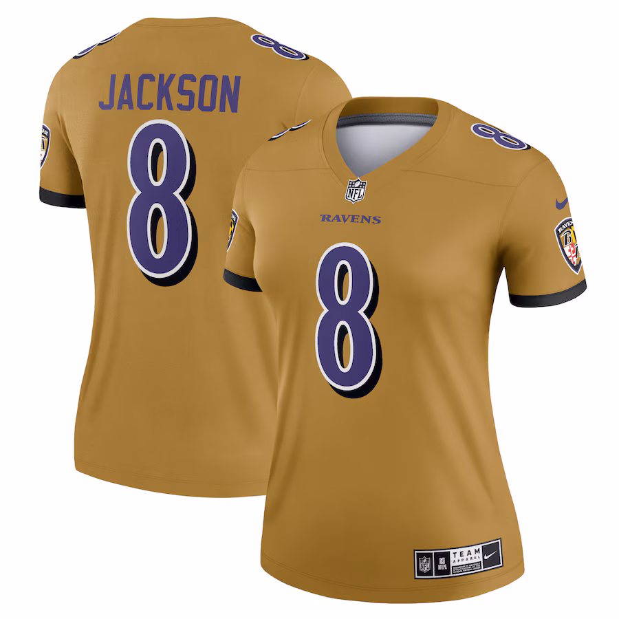 Women's Baltimore Ravens Lamar Jackson Nike Gold Inverted Legend Player Performance Top - Puhuasuan