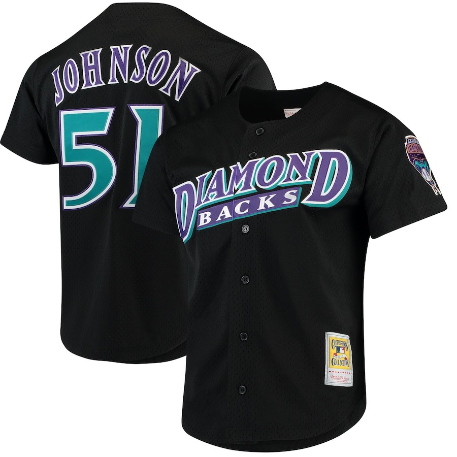 Men's Arizona Diamondbacks Randy Johnson Mitchell & Ness Black Cooperstown Collection Mesh Batting Practice Button-Up Jersey - Puhuasuan