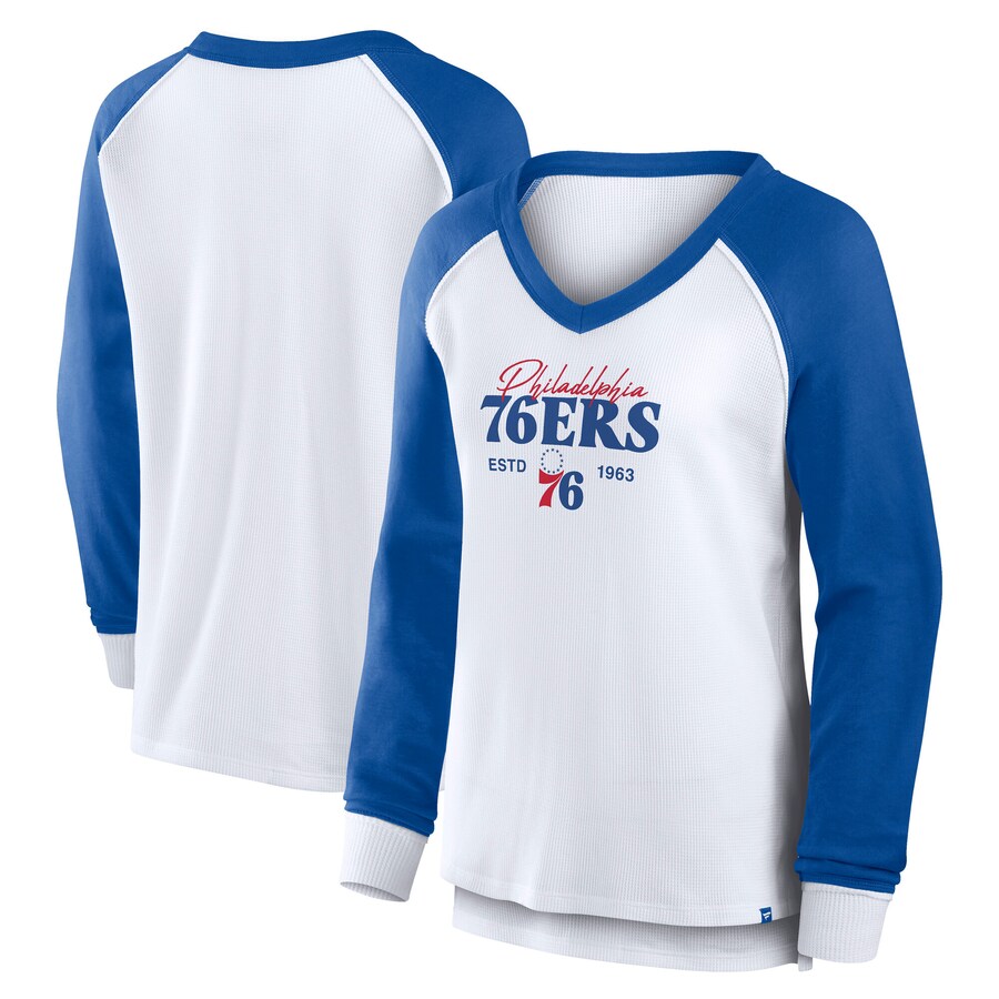 Women's Philadelphia 76ers Fanatics White Open Lane Waffle Long Sleeve V-Neck T-Shirt - Puhuasuan