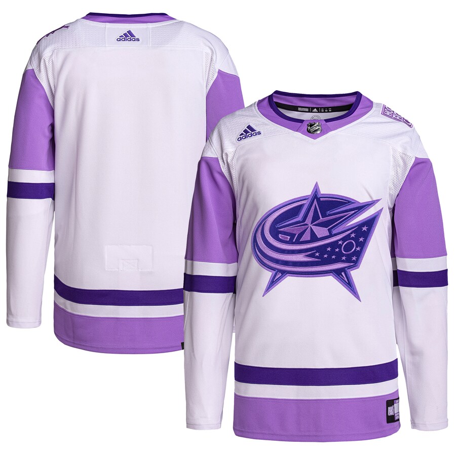 Men's Columbus Blue Jackets adidas White/Purple Hockey Fights Cancer Primegreen Authentic Blank Practice Jersey - Puhuasuan