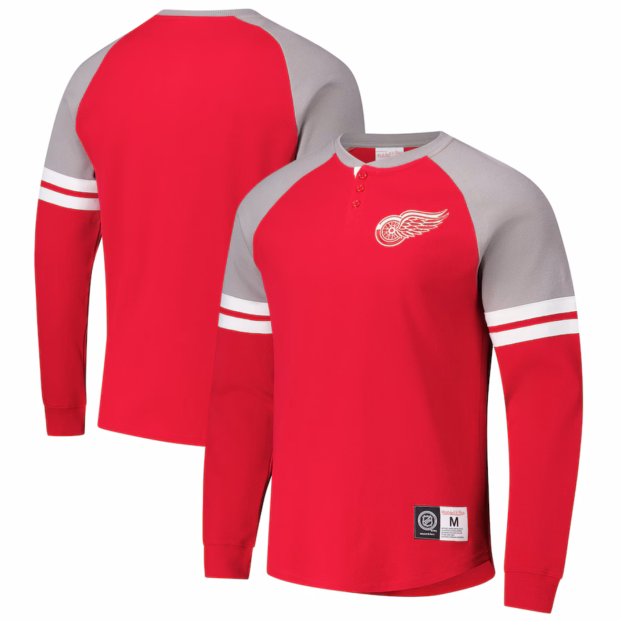 Men's Detroit Red Wings Mitchell & Ness Red Thermal Henley Long Sleeve T-Shirt - Puhuasuan