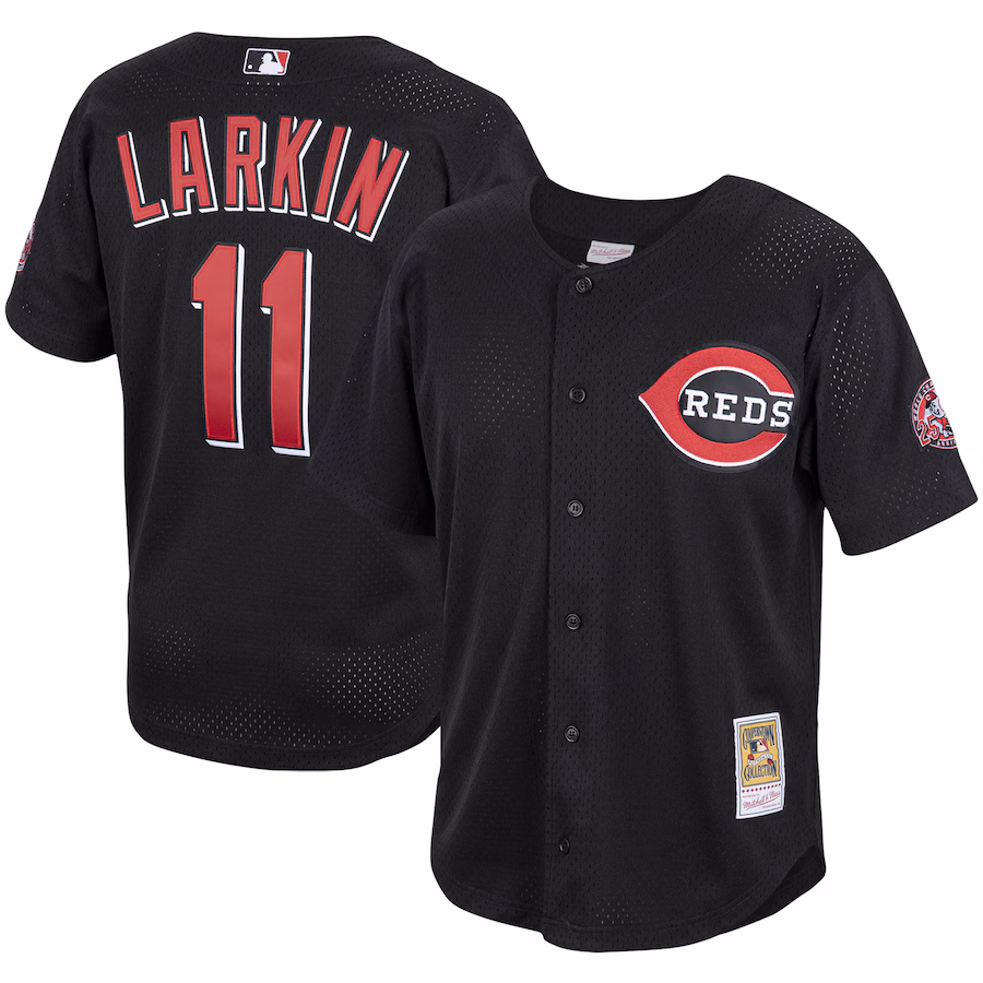 Men's Cincinnati Reds Barry Larkin Mitchell & Ness Black Cooperstown Collection Mesh Batting Practice Button-Up Jersey - Puhuasuan