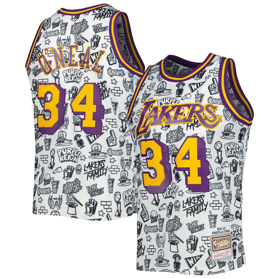 Men's Los Angeles Lakers Shaquille O'Neal Mitchell & Ness White 1996/97 Hardwood Classics Doodle Swingman Jersey - Puhuasuan