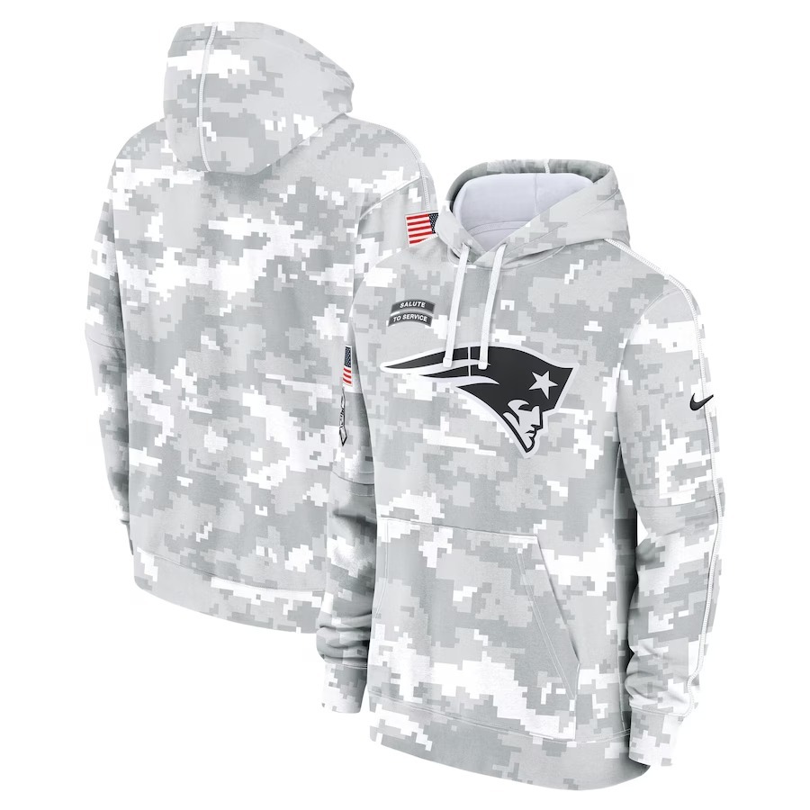 Men's New England Patriots Nike Arctic Camo 2024 Salute to Service Club Fleece Pullover Hoodie - Puhuasuan