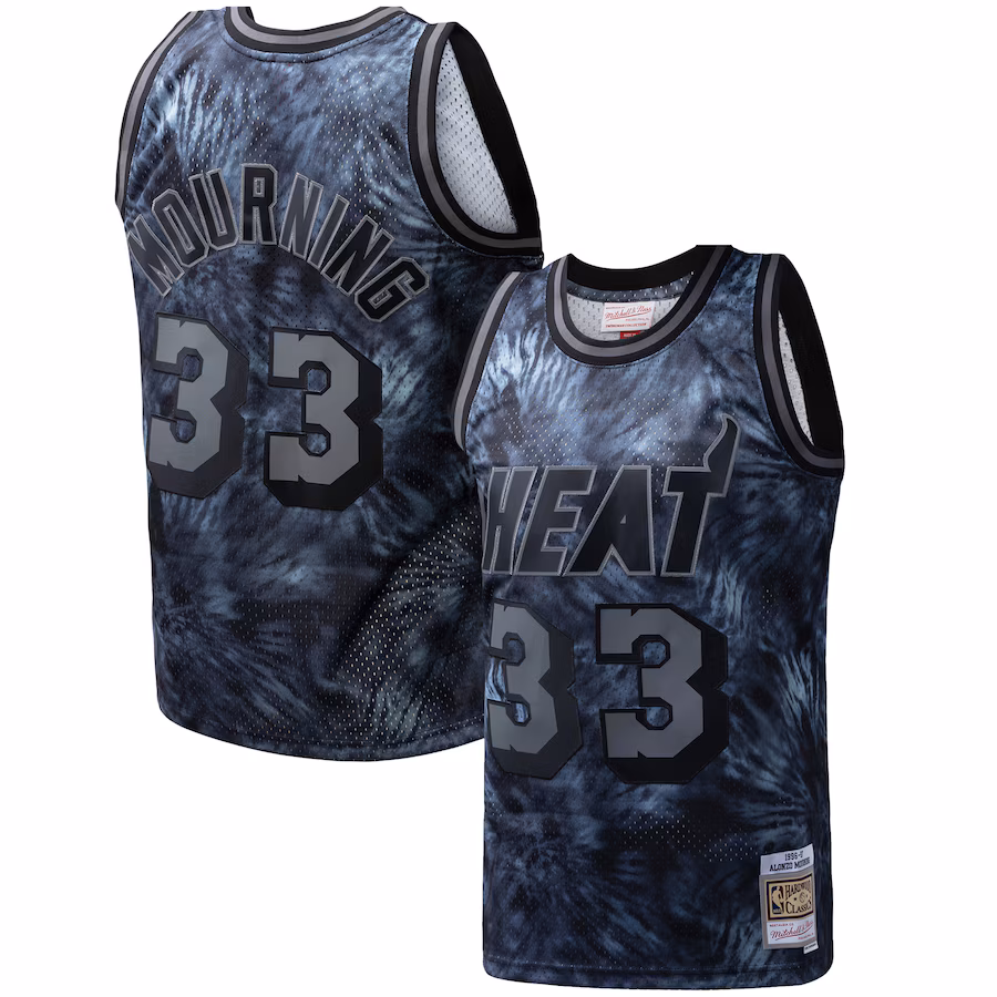 Men's Miami Heat Alonzo Mourning Mitchell & Ness Black Hardwood Classics 1996/97 Tie-Dye Swingman Jersey - Puhuasuan