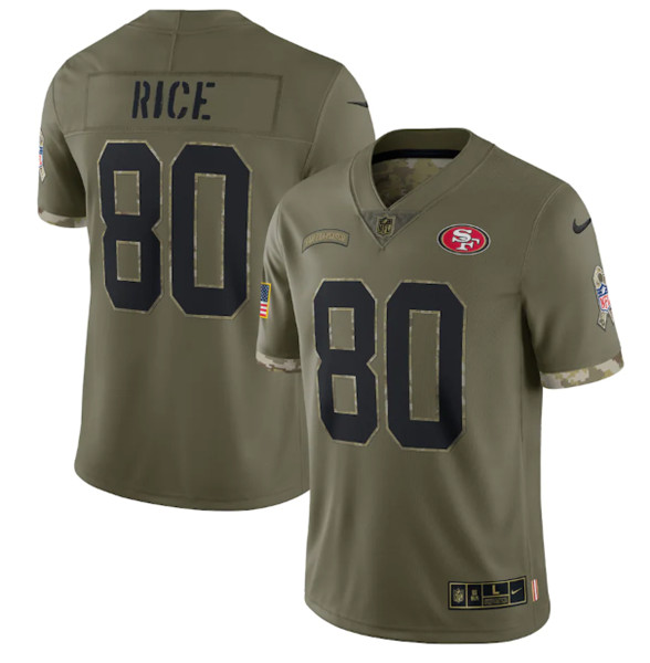 Men's San Francisco 49ers #80 Jerry Rice 2022 Olive Salute To Service Limited Stitched Jersey - Puhuasuan
