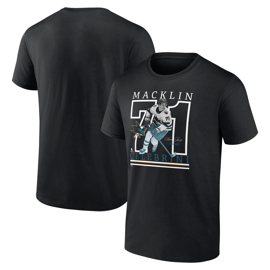 Men's San Jose Sharks Macklin Celebrini Fanatics Black Authentic Stack Name & Number T-Shirt - Puhuasuan