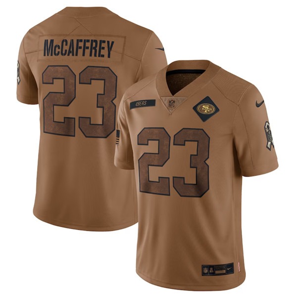 Men's San Francisco 49ers #23 Christian McCaffrey 2023 Brown Salute To Service Limited Football Stitched Jersey - Puhuasuan
