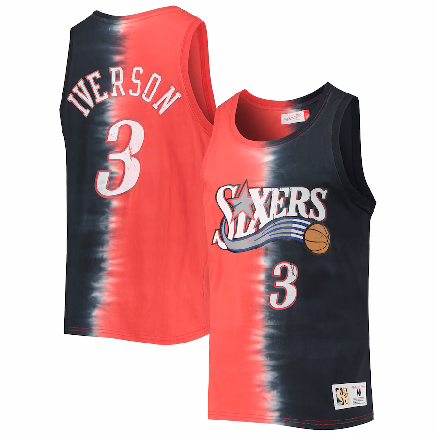 Men's Philadelphia 76ers Allen Iverson Mitchell & Ness Red/Black Hardwood Classics Tie-Dye Name & Number Tank Top - Puhuasuan