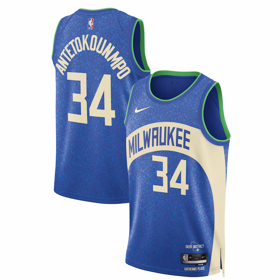 Unisex Milwaukee Bucks Giannis Antetokounmpo Nike Blue 2023/24 Swingman Jersey - City Edition - Puhuasuan
