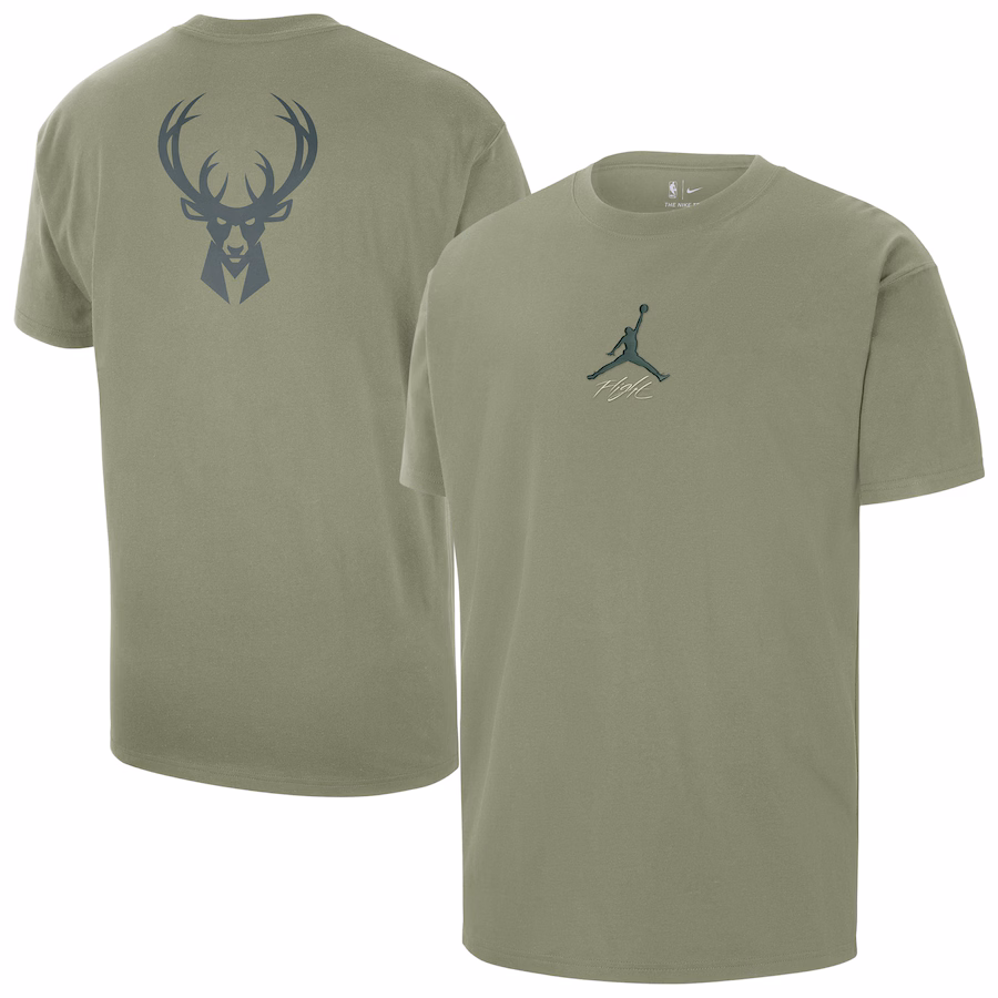 Men's Milwaukee Bucks Jordan Brand Green Statement Edition Jumpman Flight Heavyweight T-Shirt - Puhuasuan