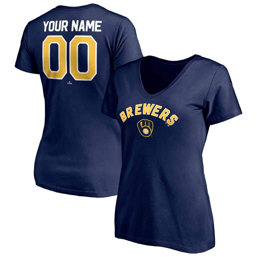 Women's Milwaukee Brewers Navy Personalized Winning Streak Name & Number V-Neck T-Shirt - Puhuasuan
