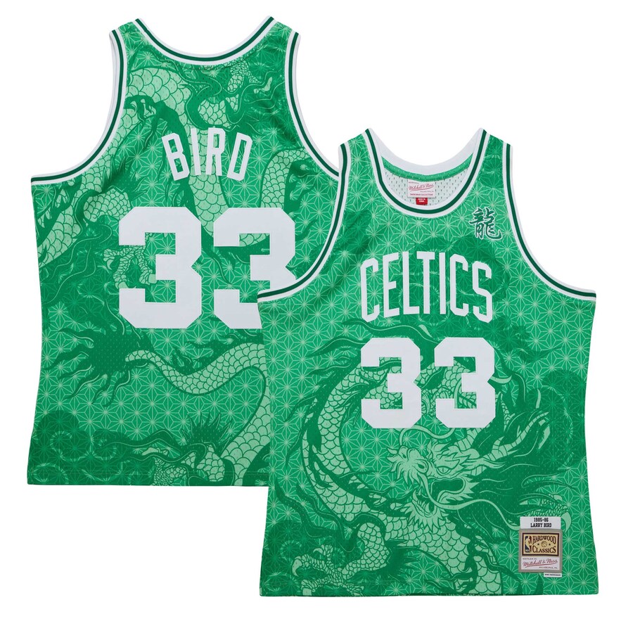 Men's Boston Celtics Larry Bird Mitchell & Ness Kelly Green 1985/86 Hardwood Classics Asian Heritage 6.0 Swingman Throwback Player Jersey - Puhuasuan