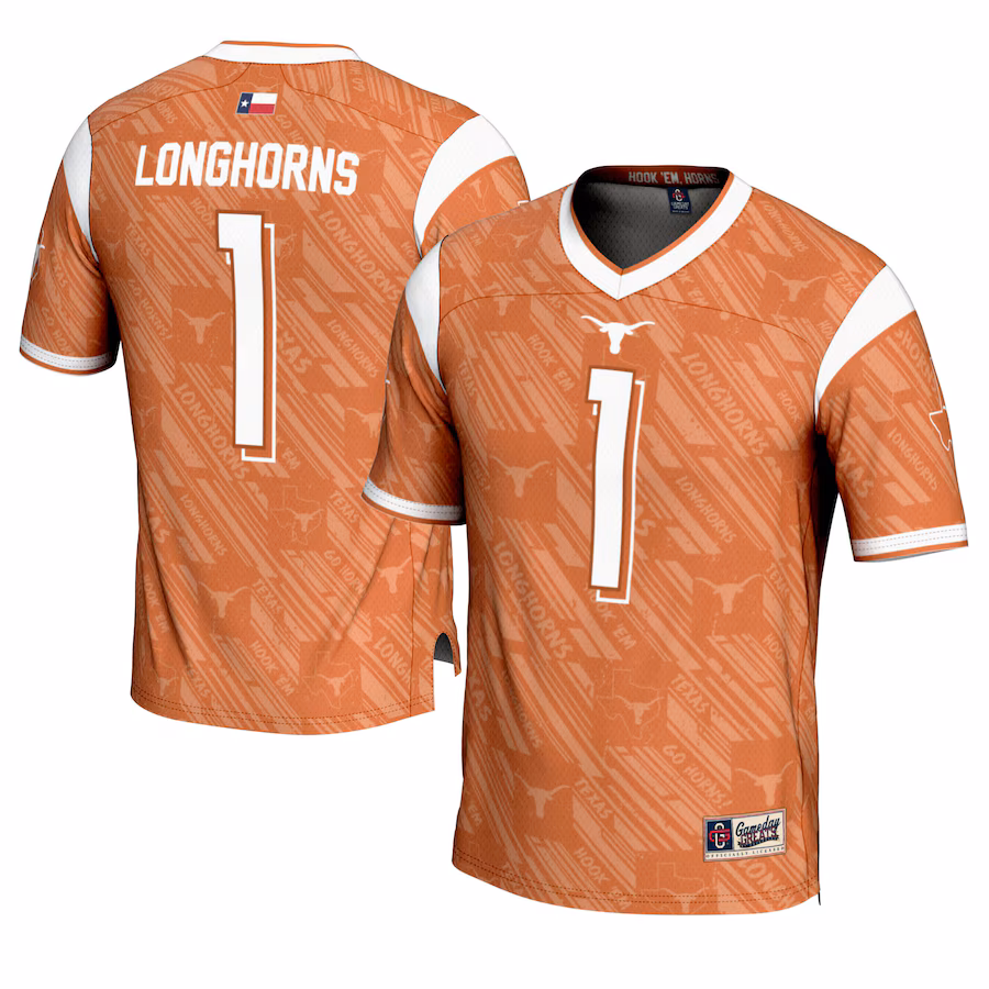 Youth GameDay Greats #1 Texas Orange Texas Longhorns Highlight Print Football Fashion Jersey - Puhuasuan