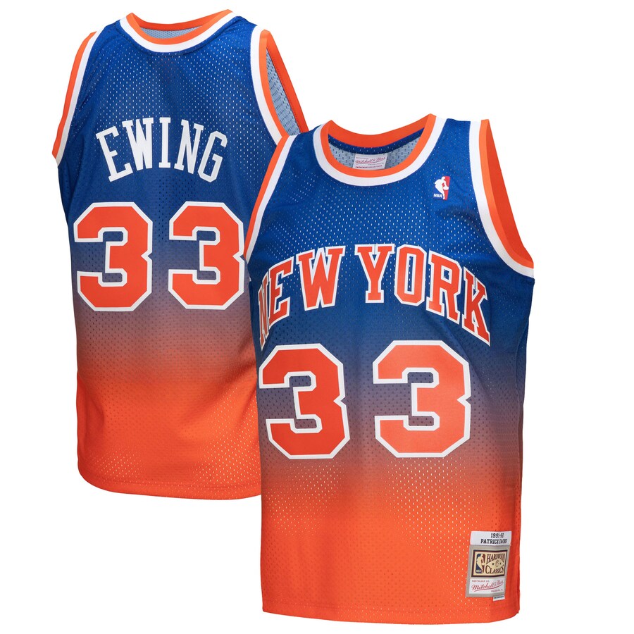 Men's New York Knicks Patrick Ewing Mitchell & Ness Orange/Royal 1991/92 Hardwood Classics Fadeaway Swingman Player Jersey - Puhuasuan