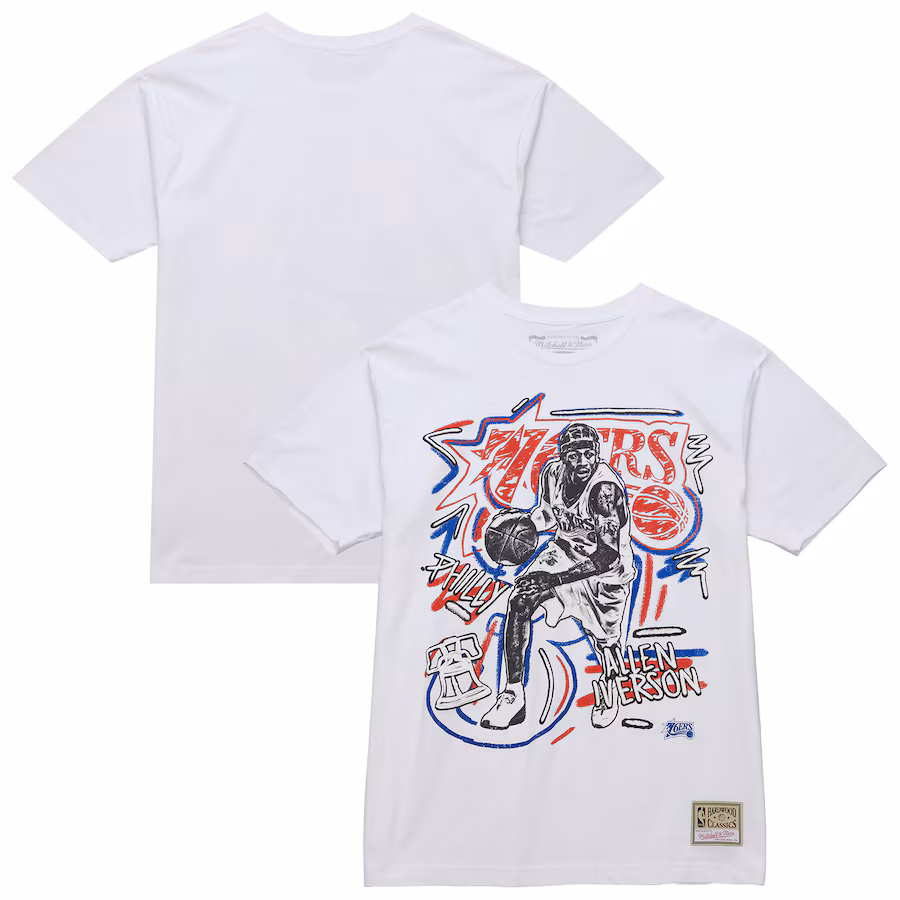 Men's Philadelphia 76ers Allen Iverson Mitchell & Ness White Hardwood Classics Chalked Up T-Shirt - Puhuasuan