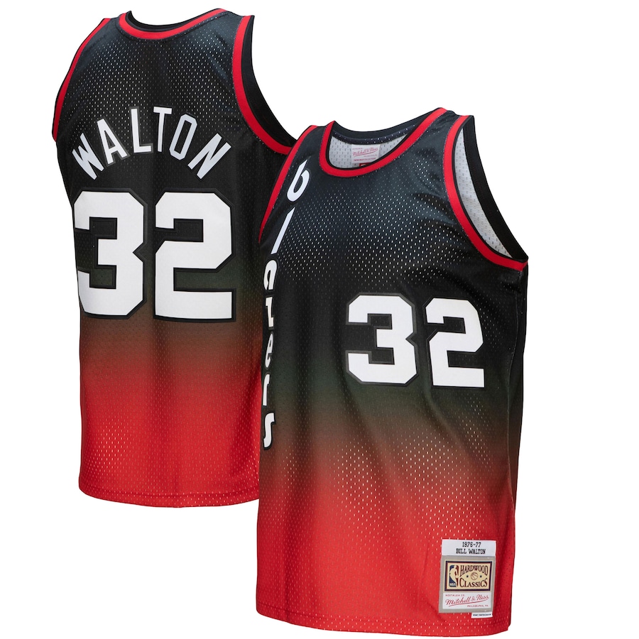 Men's Portland Trail Blazers Bill Walton Mitchell & Ness Red/Black 1976/77 Hardwood Classics Fadeaway Swingman Player Jersey - Puhuasuan