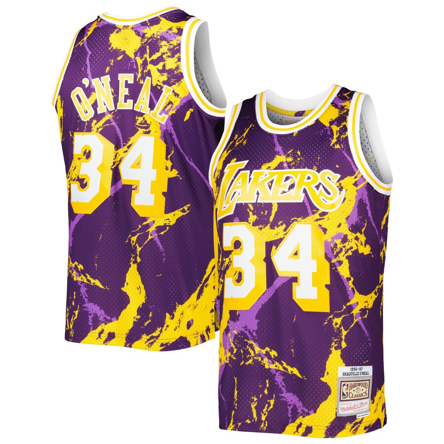 Men's Los Angeles Lakers Shaquille O'Neal Mitchell & Ness Purple 1996/97 Hardwood Classics Marble Swingman Jersey - Puhuasuan