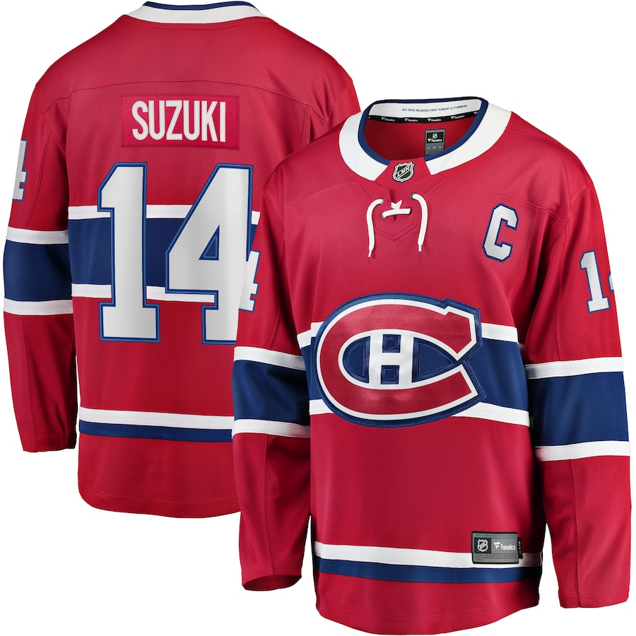 Men's Montreal Canadiens Nick Suzuki Fanatics Red Home Captain Patch Breakaway Player Jersey - Puhuasuan