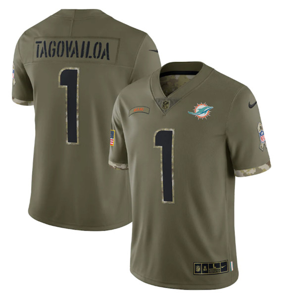 Men's Miami Dolphins #1 Tua Tagovailoa 2022 Olive Salute To Service Limited Stitched Jersey - Puhuasuan