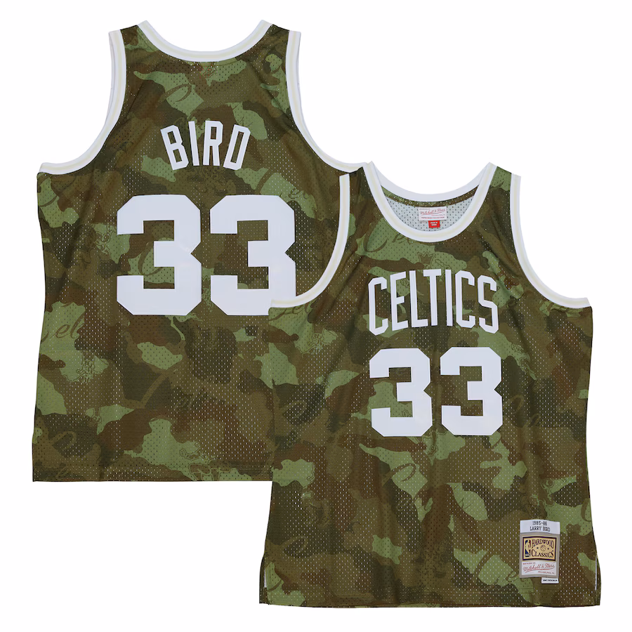 Men's Boston Celtics Larry Bird Mitchell & Ness Camo Hardwood Classics 1985/86 Ghost Green Swingman Jersey - Puhuasuan