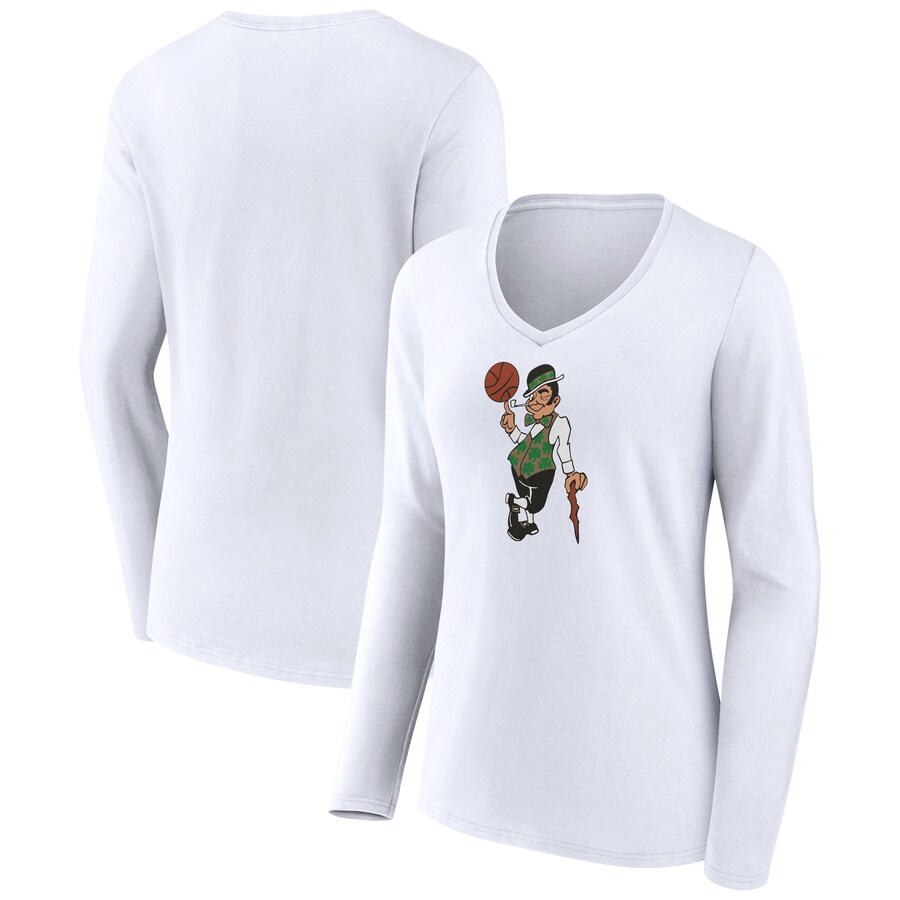 Women's Boston Celtics White Alternate Logo V-Neck Long Sleeve T-Shirt - Puhuasuan