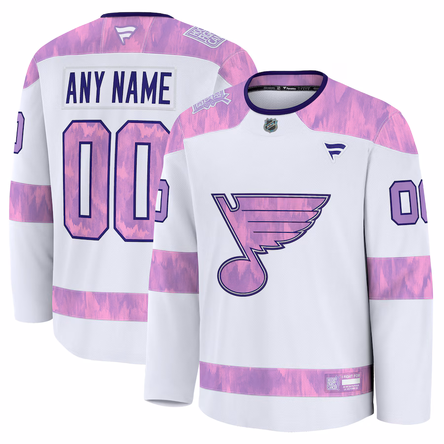 Men's St. Louis Blues Fanatics White 2024 Hockey Fights Cancer Custom Practice Jersey - Puhuasuan