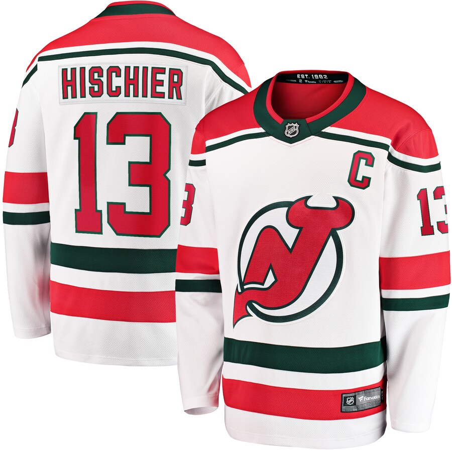 Men's New Jersey Devils Nico Hischier Fanatics Branded White 2022/23 Heritage Premier Breakaway Jersey - Puhuasuan